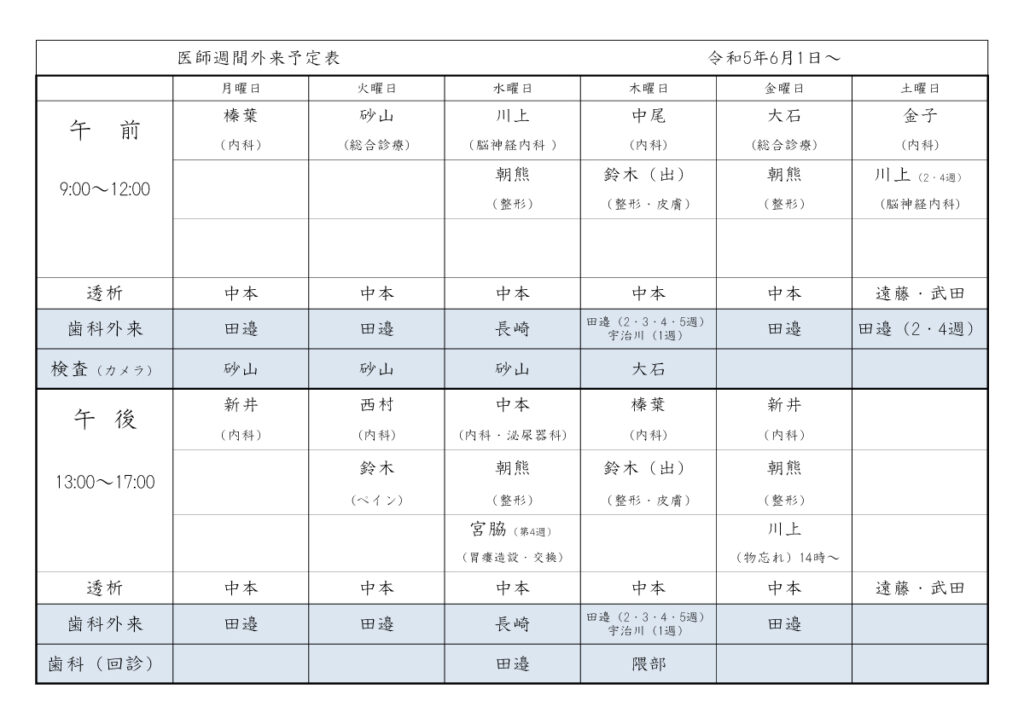 医師週間外来予定表